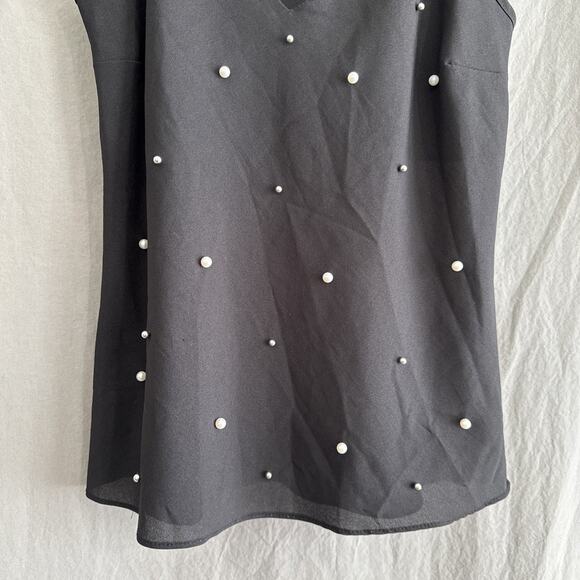 Black Camisole Tank Top Pearl Embellished Sheer Cami Minimalist Y2K Coquette M - Picture 3 of 11